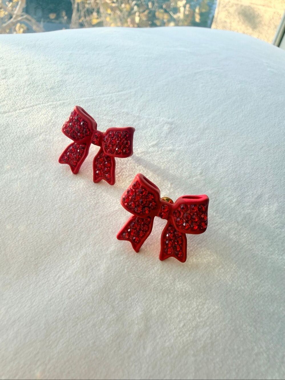 Red Rhinestone Bow Stud Earrings Sparkly Coquette Holiday New